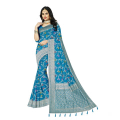 Mayawye Women's Banarasi Printed Saree With Unstitched Blouse 5.5Mtr (Aqua Blue)