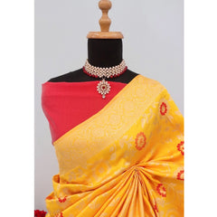 Mayawye Women's Banarasi Printed Saree With Unstitched Blouse 5.5Mtr (Yellow)