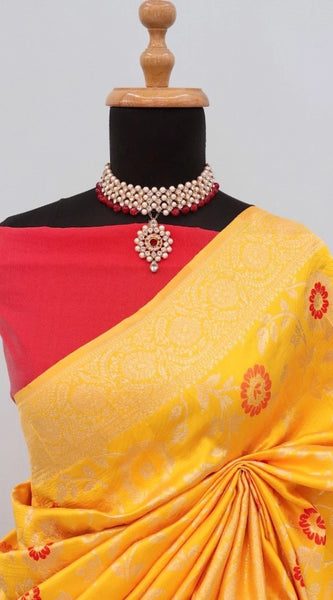 Mayawye Women's Banarasi Printed Saree With Unstitched Blouse 5.5Mtr (Yellow)