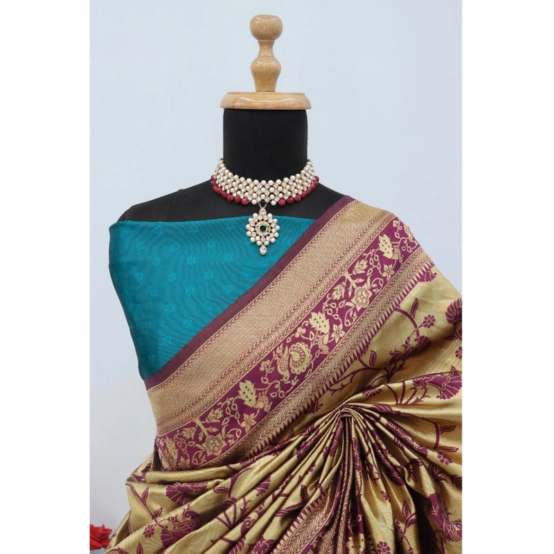 Mayawye Women's Banarasi Printed Saree With Unstitched Blouse 5.5Mtr (Golden)