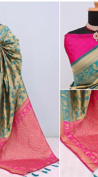 Mayawye Women's Banarasi Printed Saree With Unstitched Blouse 5.5Mtr (Golden)