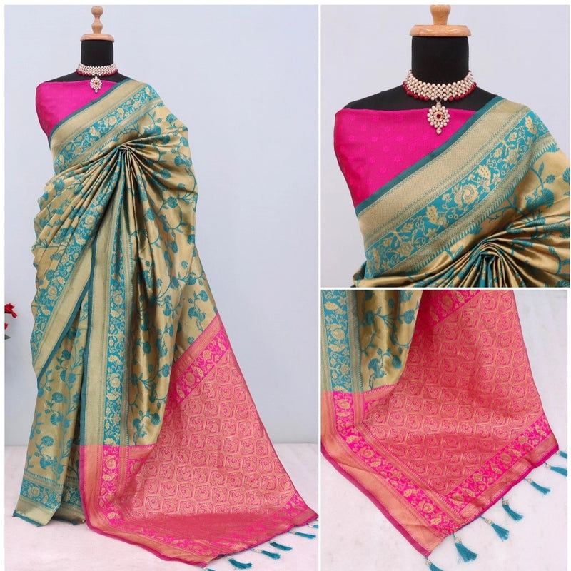 Mayawye Women's Banarasi Printed Saree With Unstitched Blouse 5.5Mtr (Golden)