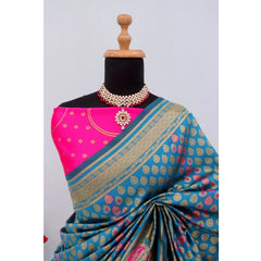 Mayawye Women's Banarasi Printed Saree With Unstitched Blouse 5.5Mtr (Aqua Blue)