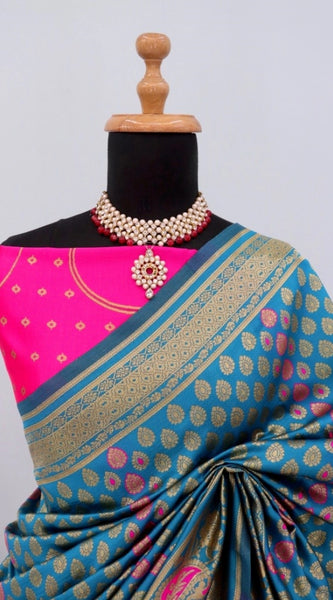 Mayawye Women's Banarasi Printed Saree With Unstitched Blouse 5.5Mtr (Aqua Blue)