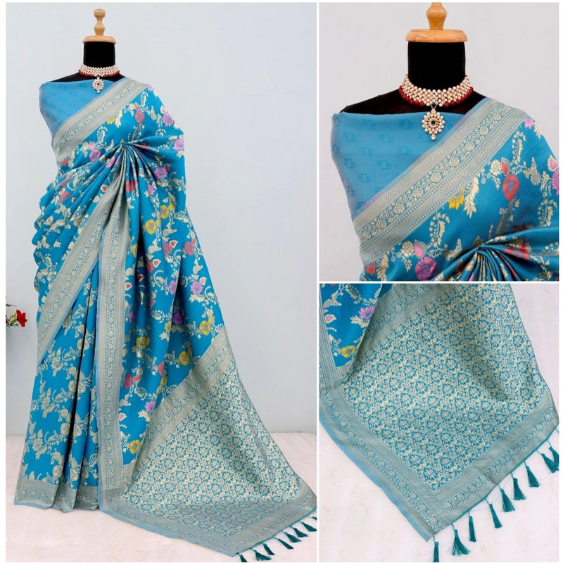 Mayawye Women's Banarasi Printed Saree With Unstitched Blouse 5.5Mtr (Aqua Blue)