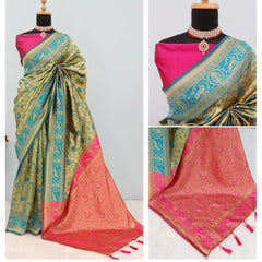 Mayawye Women's Banarasi Printed Saree With Unstitched Blouse 5.5Mtr (Golden)