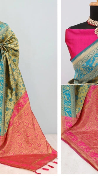 Mayawye Women's Banarasi Printed Saree With Unstitched Blouse 5.5Mtr (Golden)