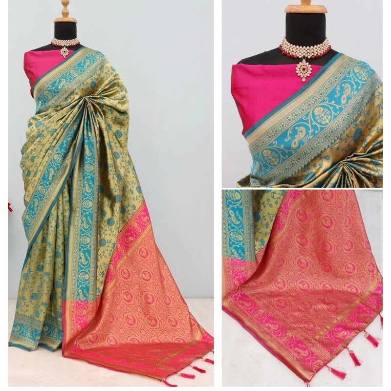 Mayawye Women's Banarasi Printed Saree With Unstitched Blouse 5.5Mtr (Golden)