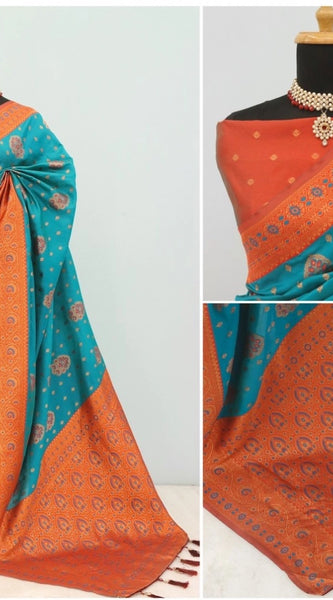 Mayawye Women's Banarasi Printed Saree With Unstitched Blouse 5.5Mtr (Rama)