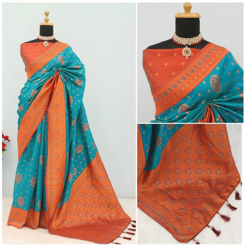 Mayawye Women's Banarasi Printed Saree With Unstitched Blouse 5.5Mtr (Rama)