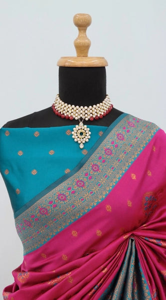 Mayawye Women's Banarasi Printed Saree With Unstitched Blouse 5.5Mtr (Rani)