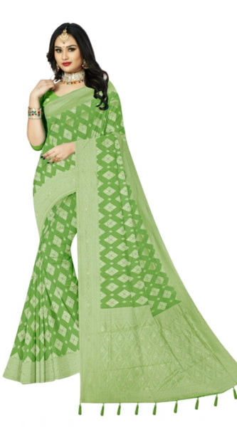 Mayawye Women's Cotton Printed Saree With Unstitched Blouse 5.5Mtr (Green)
