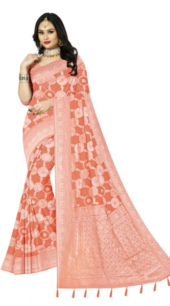 Mayawye Women's Cotton Printed Saree With Unstitched Blouse 5.5Mtr (Orange)