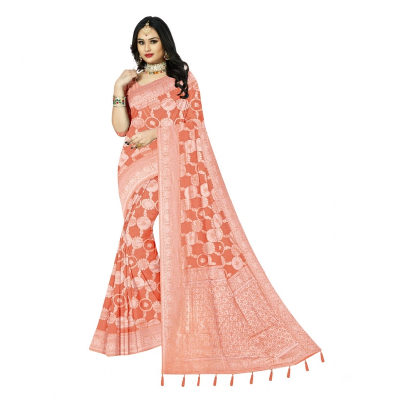 Mayawye Women's Cotton Printed Saree With Unstitched Blouse 5.5Mtr (Orange)