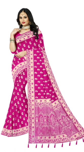 Mayawye Women's Satin Printed Saree With Unstitched Blouse 5.5Mtr (Rani)