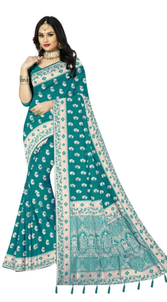 Mayawye Women's Satin Printed Saree With Unstitched Blouse 5.5Mtr (Rama)