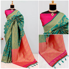 Mayawye Women's Banarasi Printed Saree With Unstitched Blouse 5.5Mtr (Rama)