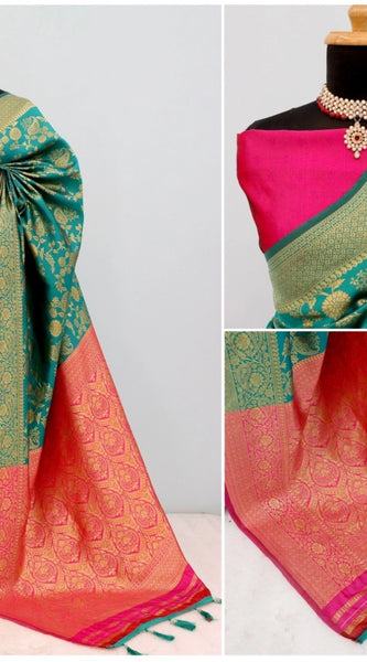 Mayawye Women's Banarasi Printed Saree With Unstitched Blouse 5.5Mtr (Rama)