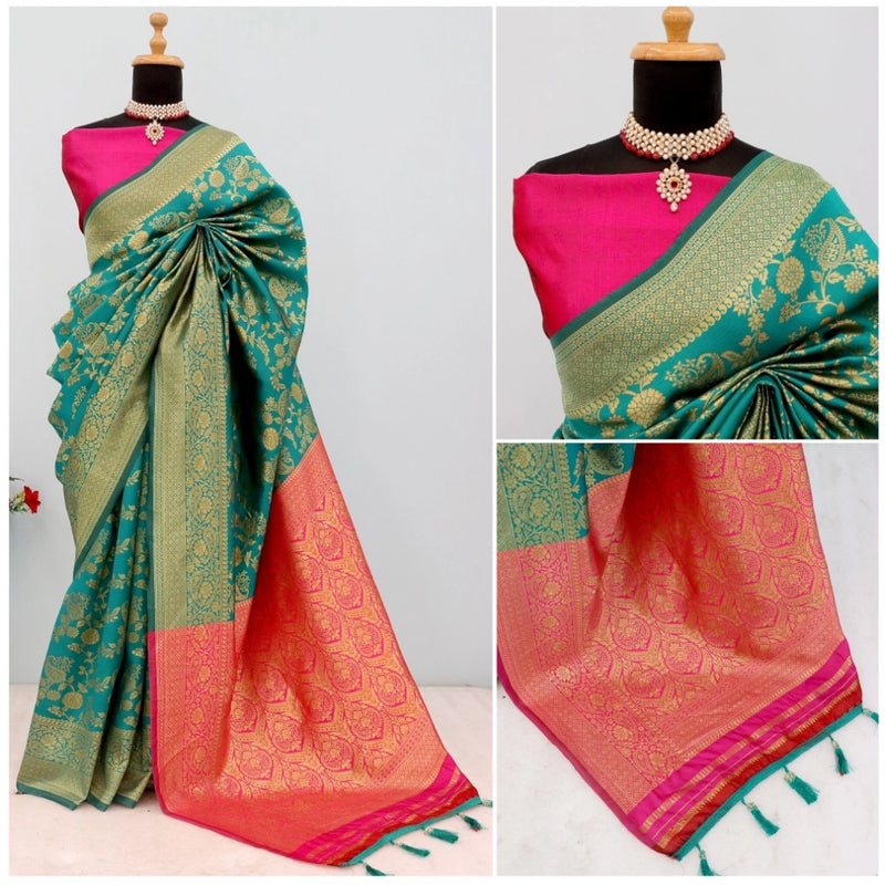 Mayawye Women's Banarasi Printed Saree With Unstitched Blouse 5.5Mtr (Rama)