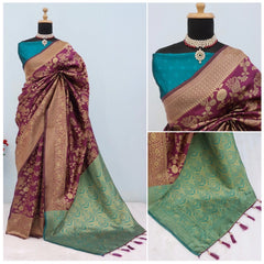 Mayawye Women's Banarasi Printed Saree With Unstitched Blouse 5.5Mtr (Purple)