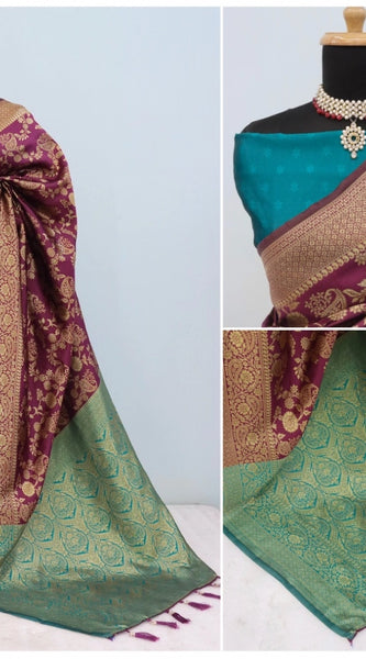 Mayawye Women's Banarasi Printed Saree With Unstitched Blouse 5.5Mtr (Purple)