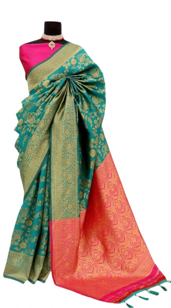 Mayawye Women's Banarasi Printed Saree With Unstitched Blouse 5.5Mtr (Rama)