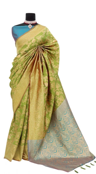 Mayawye Women's Banarasi Printed Saree With Unstitched Blouse 5.5Mtr (Mehendi Green)