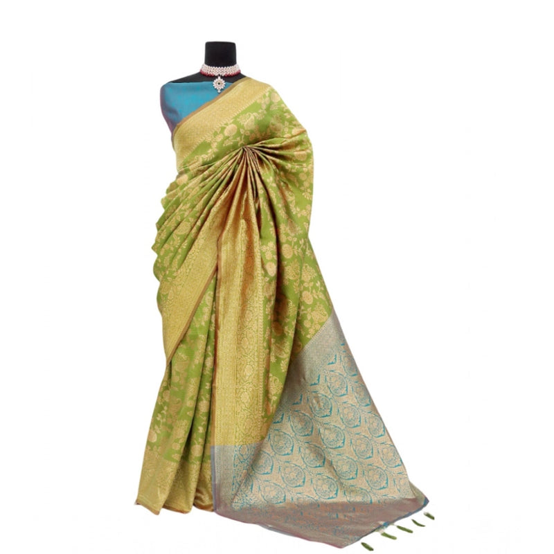 Mayawye Women's Banarasi Printed Saree With Unstitched Blouse 5.5Mtr (Mehendi Green)