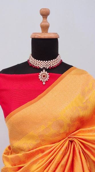 Mayawye Women's Banarasi Printed Saree With Unstitched Blouse 5.5Mtr (Yellow)