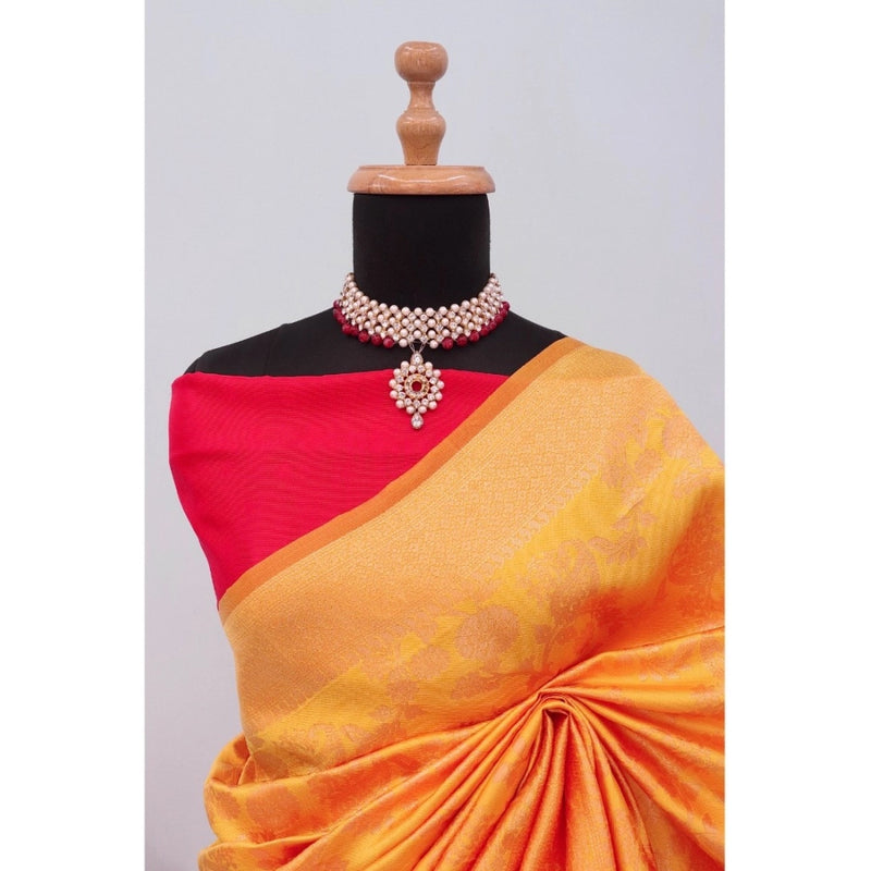 Mayawye Women's Banarasi Printed Saree With Unstitched Blouse 5.5Mtr (Yellow)