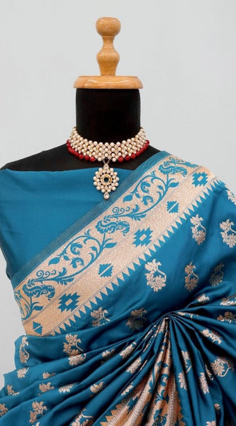 Mayawye Women's Satin Printed Saree With Unstitched Blouse 5.5Mtr (Aqua Blue)