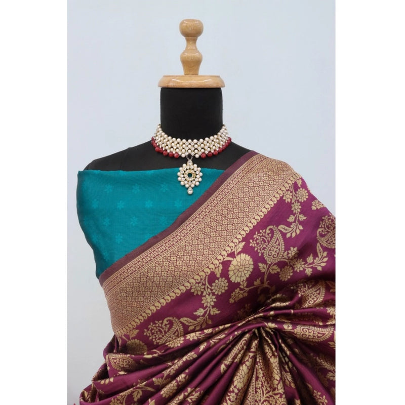 Mayawye Women's Banarasi Printed Saree With Unstitched Blouse 5.5Mtr (Purple)
