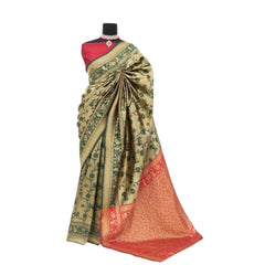 Mayawye Women's Banarasi Printed Saree With Unstitched Blouse 5.5Mtr (Golden)