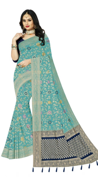 Mayawye Women's Banarasi Printed Saree With Unstitched Blouse 5.5Mtr (Firozi)