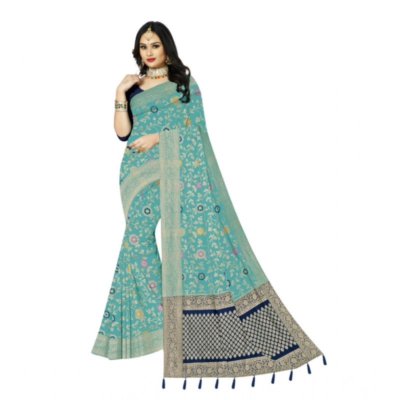 Mayawye Women's Banarasi Printed Saree With Unstitched Blouse 5.5Mtr (Firozi)