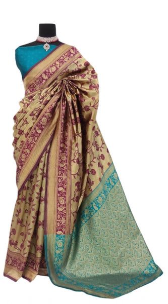Mayawye Women's Banarasi Printed Saree With Unstitched Blouse 5.5Mtr (Golden)