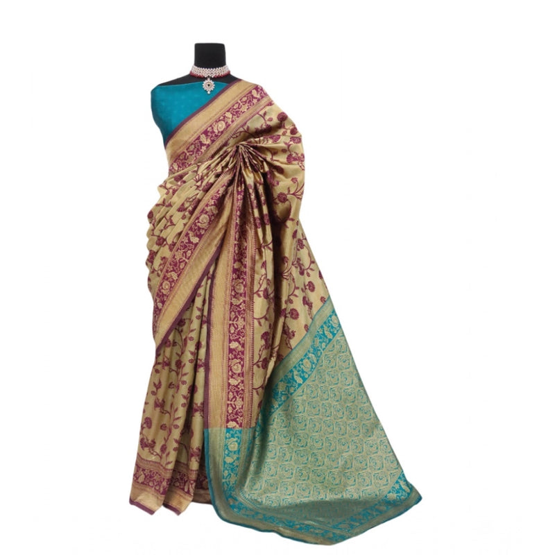 Mayawye Women's Banarasi Printed Saree With Unstitched Blouse 5.5Mtr (Golden)