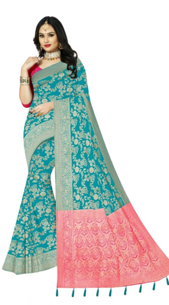 Mayawye Women's Banarasi Printed Saree With Unstitched Blouse 5.5Mtr (Rama)