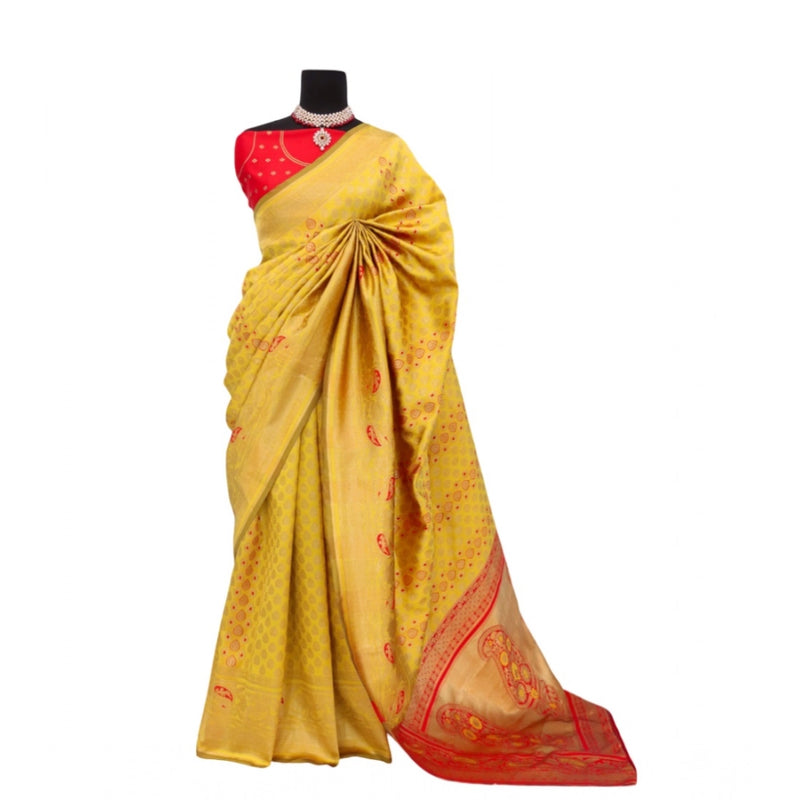 Mayawye Women's Banarasi Printed Saree With Unstitched Blouse 5.5Mtr (Yellow)