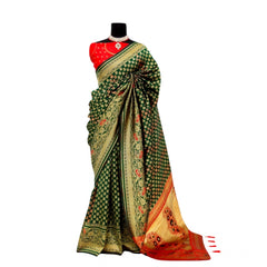 Mayawye Women's Banarasi Printed Saree With Unstitched Blouse 5.5Mtr (Green)