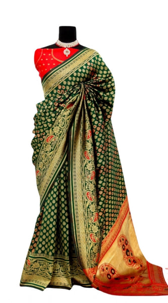 Mayawye Women's Banarasi Printed Saree With Unstitched Blouse 5.5Mtr (Green)