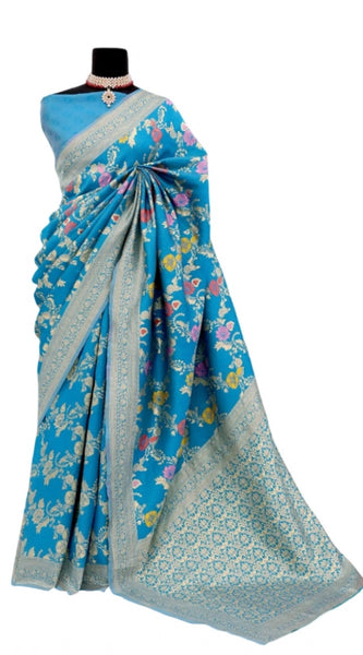 Mayawye Women's Banarasi Printed Saree With Unstitched Blouse 5.5Mtr (Aqua Blue)