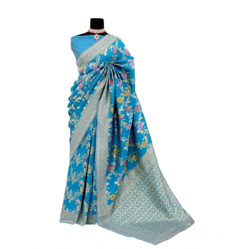 Mayawye Women's Banarasi Printed Saree With Unstitched Blouse 5.5Mtr (Aqua Blue)