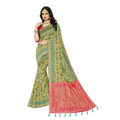 Mayawye Women's Banarasi Printed Saree With Unstitched Blouse 5.5Mtr (Golden)