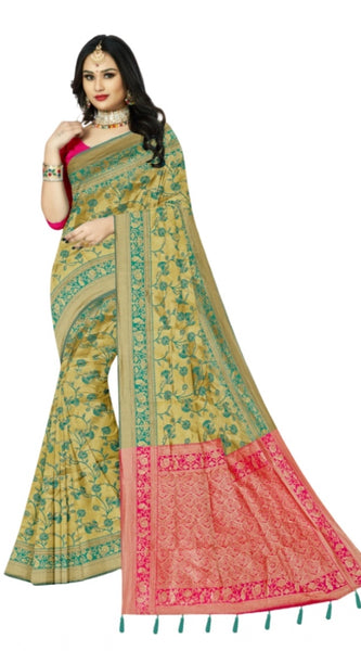 Mayawye Women's Banarasi Printed Saree With Unstitched Blouse 5.5Mtr (Golden)