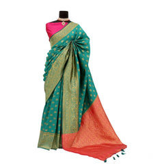 Mayawye Women's Banarasi Printed Saree With Unstitched Blouse 5.5Mtr (Rama)