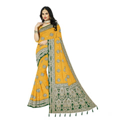 Mayawye Women's Cotton Printed Saree With Unstitched Blouse 5.5Mtr (Yellow)