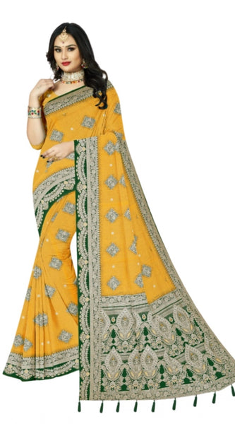 Mayawye Women's Cotton Printed Saree With Unstitched Blouse 5.5Mtr (Yellow)