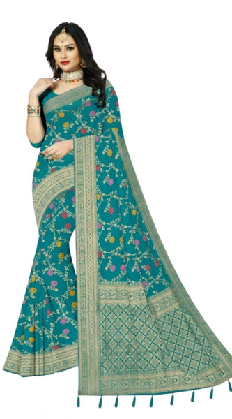 Mayawye Women's Banarasi Printed Saree With Unstitched Blouse 5.5Mtr (Rama)