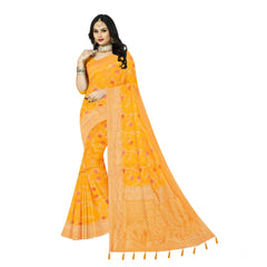 Mayawye Women's Banarasi Printed Saree With Unstitched Blouse 5.5Mtr (Yellow)